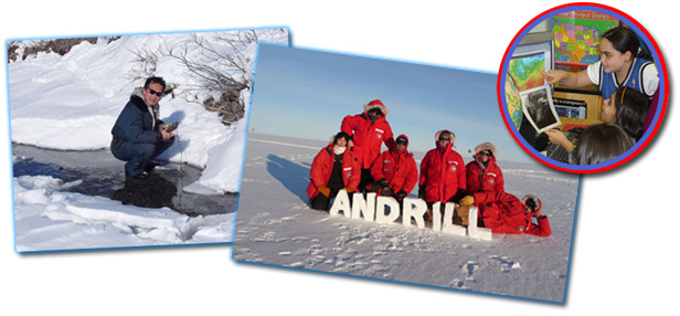 scientist taking samples, a group photo of Andrill scientists, and students analyzing maps